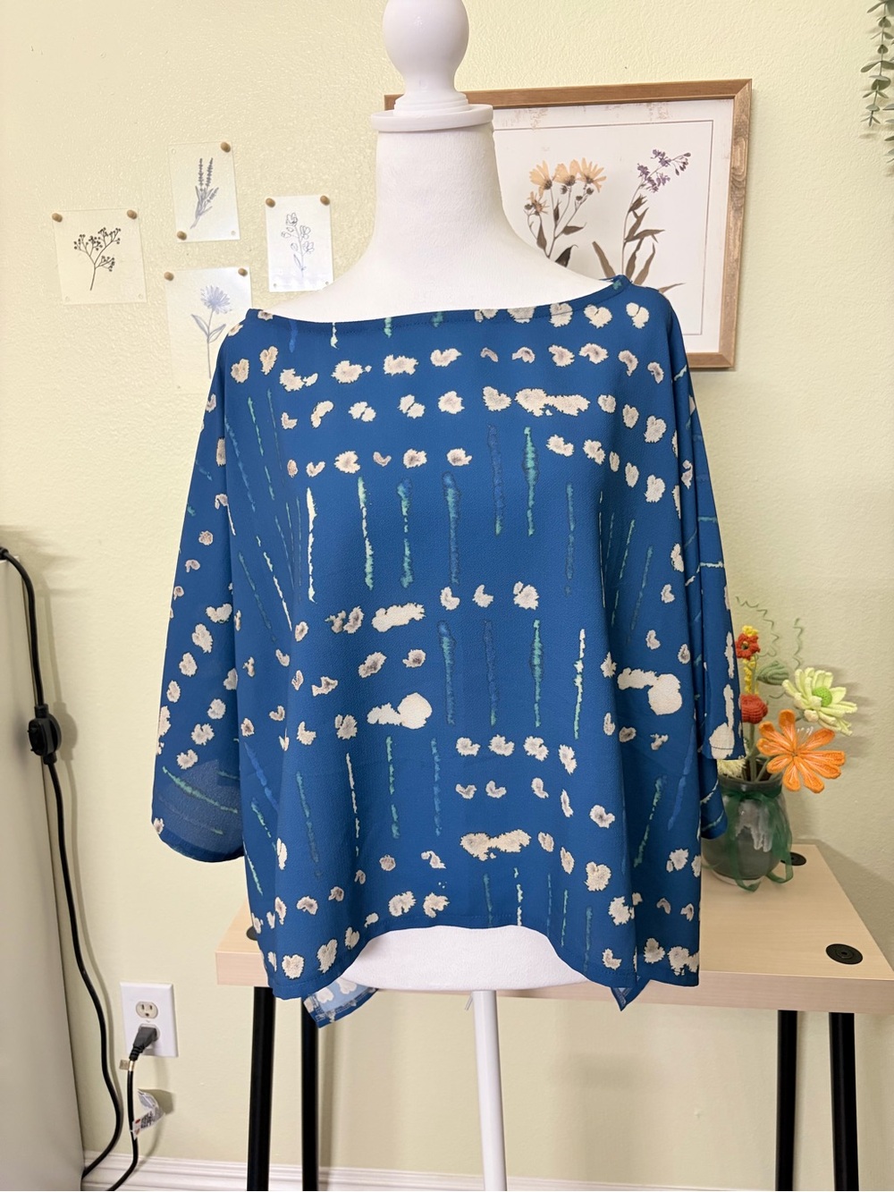 Kozan Alina Morse Code Print Boxy Tunic Top O/S Blue Boat Neck Made Turkey